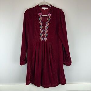 Christophe Sauvat Red Velvet Long Sleeve Embroidered Boho Dress Size Small